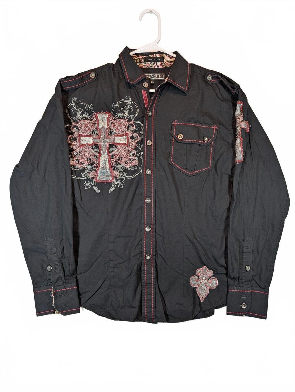 Lamasini Embroidered Cross Rhinestone Western Long Sleeve Shirt Top Mens Small